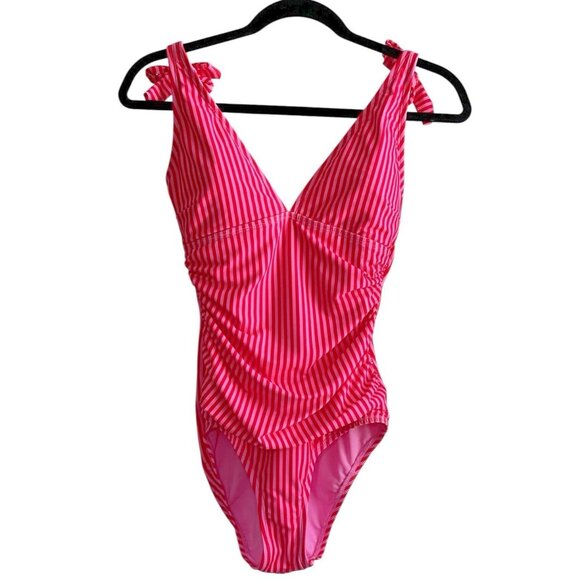 Ellen Tracy Swimsuit Orange Pink Striped Sz 6 One Piece Ruched Lined Padded Cups - Picture 1 of 15